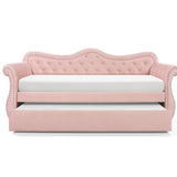 Pink Upholstered Velvet Wood Daybed with Trundle