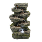 Indoor Gray Stone-Look Water Fountain, 7-tier Polyresin Cascading Rock Tabletop Fountain with LED Light