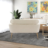 Beige Loveseat Small Sofa, With 2 Throw Pillows, Gold Metal Legs