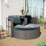 2-Piece All-Weather Wicker Conversation Set Rattan Sofa Set Outdoor Patio Half-moon Sectional Furniture Set w/ Side Table for Umbrella, Gray Rattan+Gray Cushion