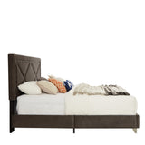King bed, nightstand - brass studs adorn the headboard
