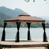 Outdoor Iron Vented Dome Top Patio Gazebo with Netting for Backyard, Poolside and Deck, Brown