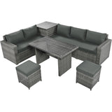 Outdoor 6-Piece Rattan Sofa Set, Garden Patio Wicker Sectional Furniture Set with Adjustable Seat, Storage Box, Removable Covers and Tempered Glass Top Table