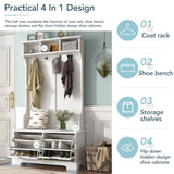 All in One Hall Tree with 3 Top Shelves and 2 Flip Shoe Storage Drawers, Wood Hallway Organizer with Storage Bench and Metal Hanging Hooks, White