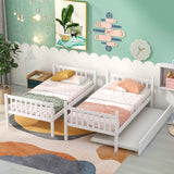 Twin Over Twin Bunk Beds with Trundle, Solid Wood Trundle Bed Frame with Safety Rail and Ladder
