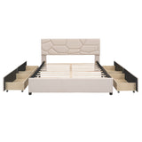 Queen Size Upholstered Platform Bed with Brick Pattern Headboard and 4 Drawers, Linen Fabric, Beige
