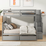 Twin Over Full Bunk Bed with 2 Drawers and Staircases