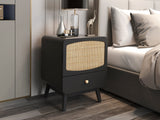 Black Nightstand,  Bedside Table with Storage Drawe/ Rattan Door