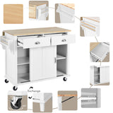 White Kitchen Island Cart with Rubber wood Drop-Leaf Countertop, adjustable height