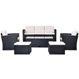 6-piece All-Weather Wicker rattan Patio Outdoor Dining Sectional Set with coffee table, wicker sofas, ottomans, removable cushions (Black wicker, Beige cushion)