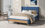 Upholstered Platform Bed with Rubber Wood Legs,No Box Spring Needed, Linen Fabric,Full Size-Blue