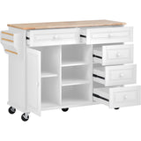 K&K kitchen cart with Rubber wood desktop rolling mobile kitchen island with storage and 5 draws