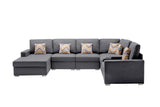 Gray Linen Fabric 7Pc Reversible Chaise Sectional Sofa with a USB, Charging Ports, Cupholders, Storage Console Table and Pillows and Interchangeable Legs