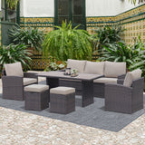 6-Piece Outdoor PE Rattan Sofa Set Patio Garden Wicker Dining and Coffee Sofa-Dark Brown