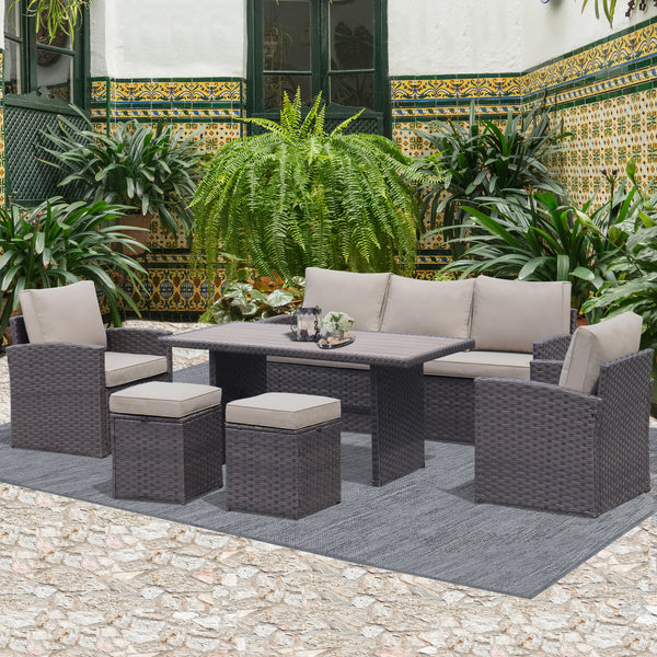 6-Piece Outdoor PE Rattan Sofa Set Patio Garden Wicker Dining and Coffee Sofa-Dark Brown