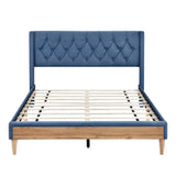Upholstered Platform Bed with Rubber Wood Legs,No Box Spring Needed, Linen Fabric,Full Size-Blue