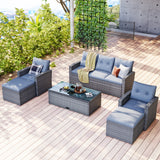 Wicker PE rattan Patio Outdoor Dining Conversation Sectional Set with coffee table, wicker sofas, ottomans,  removable cushions (Dark grey wicker, Light grey cushion)