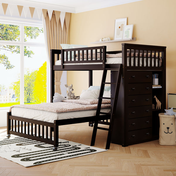Wooden Twin Over Full Bunk Bed With Six Drawers