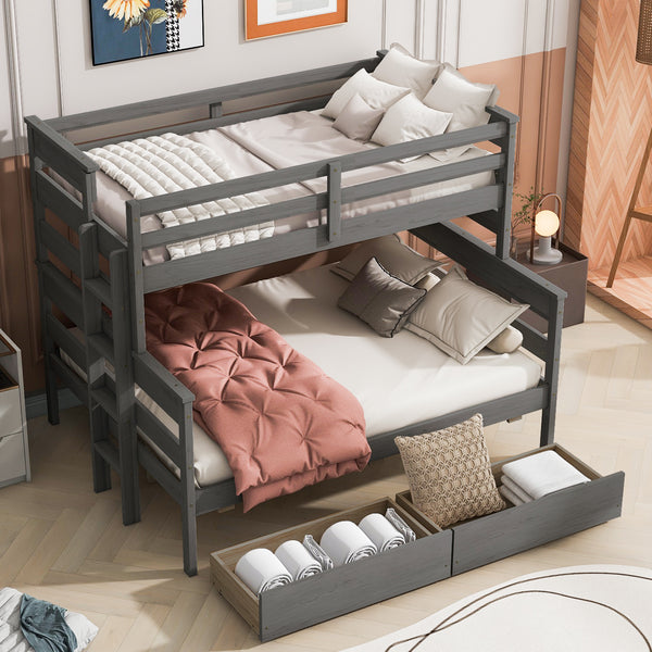 Wood Twin over Full Bunk Bed with 2 Drawers, Gray