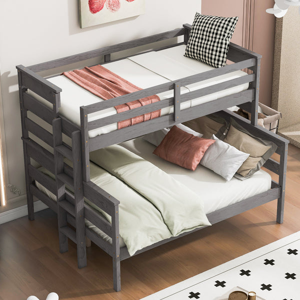 Wood Twin over Full Bunk Bed with Ladder, Gray